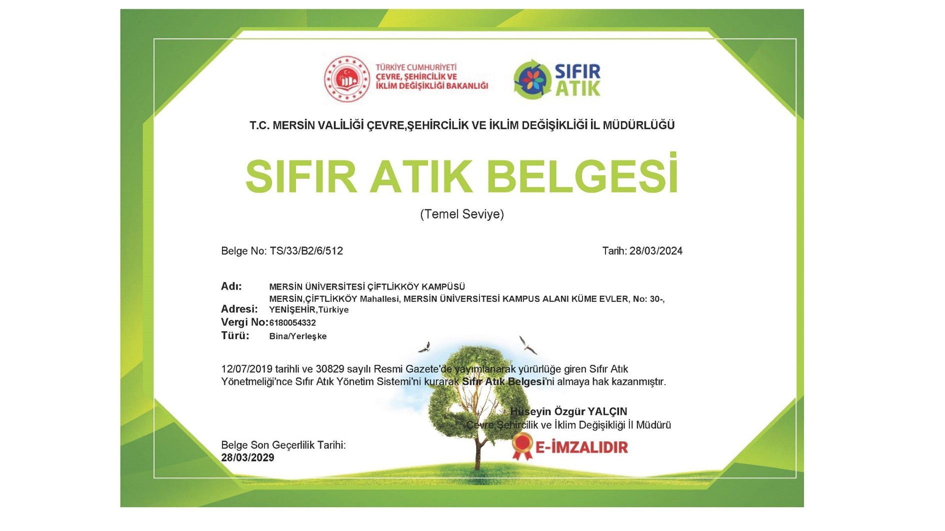 ME&Uuml; Sıfır Atık Belgesi detayı için tıklayınız